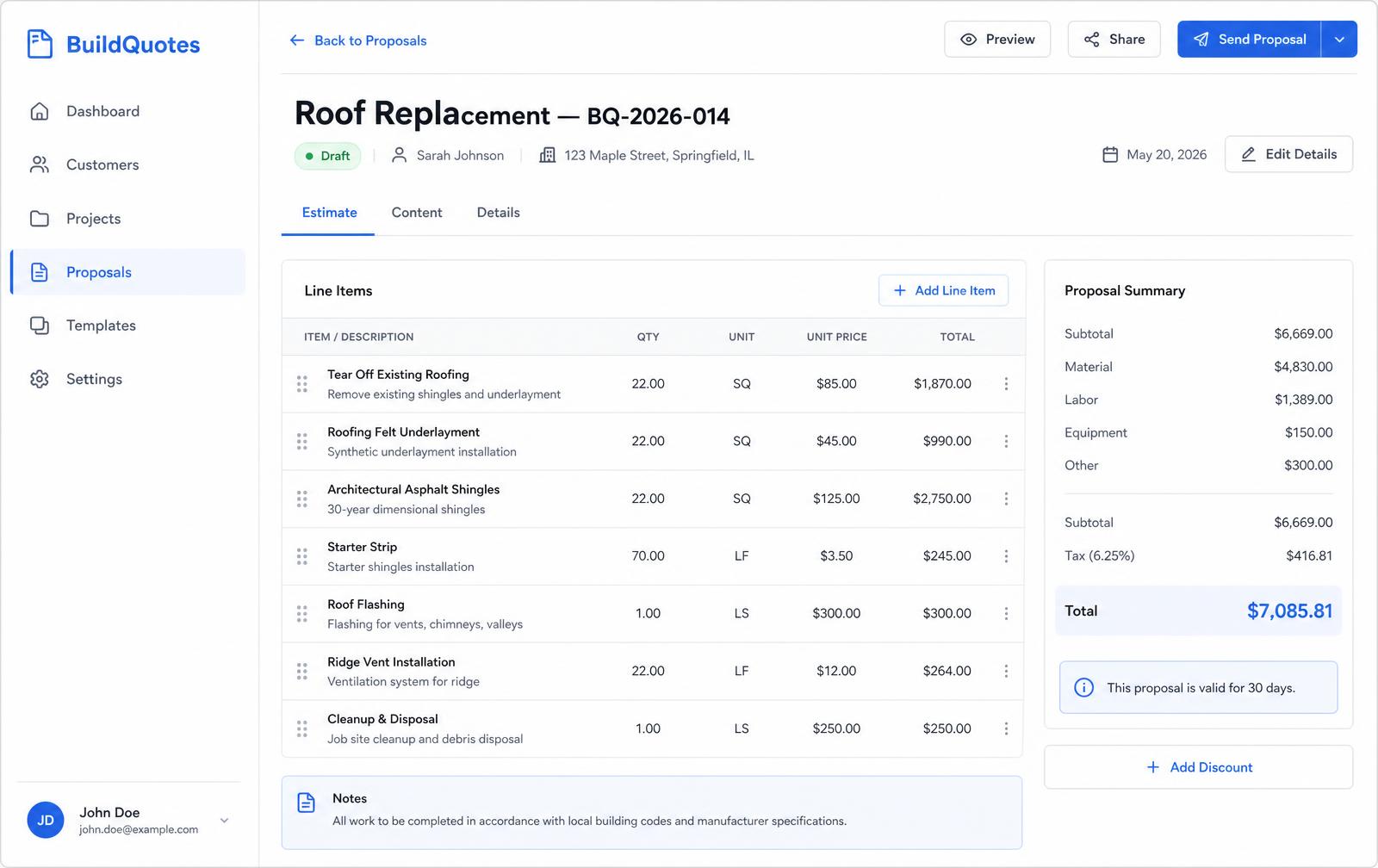 BuildQuotes proposal builder with estimate line items and totals