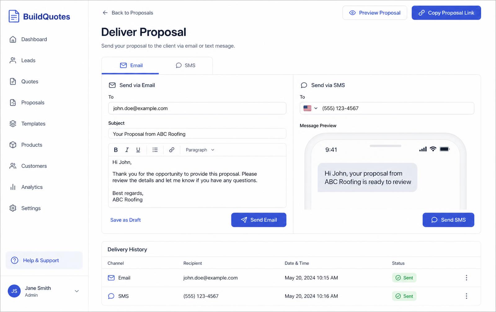 BuildQuotes email and SMS delivery controls