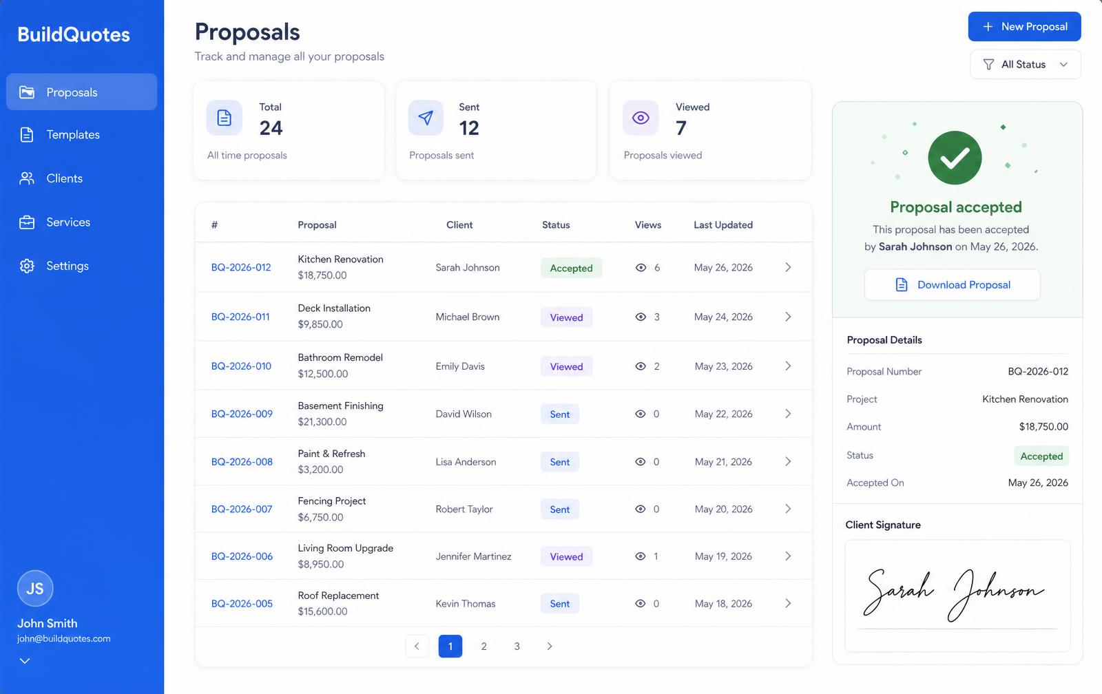 BuildQuotes dashboard and proposal tracking